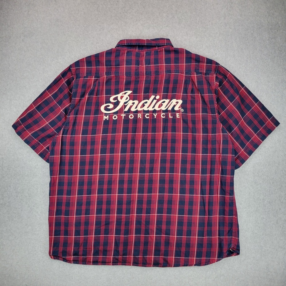 Indian Motorcycle Plaid Button Up Shirt Mens 2XL Red Blue Spellout Embroidered